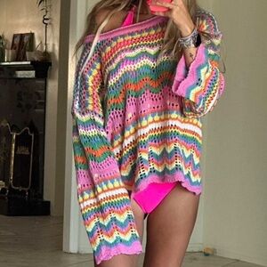 011 Cozy Multicolor Chevron Color Block Oversized Sweater Top